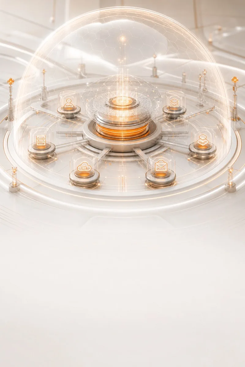 Futuristic protected technology ecosystem illustrating risk awareness