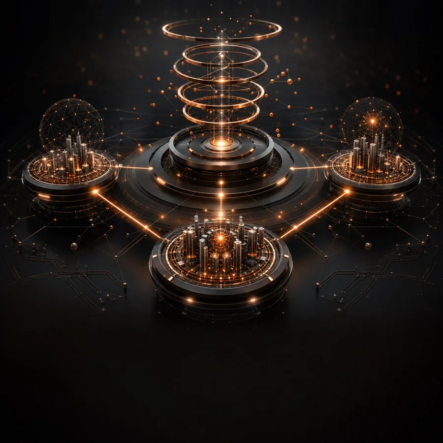Connected futuristic venture network illustrating nearshore talent and company growth