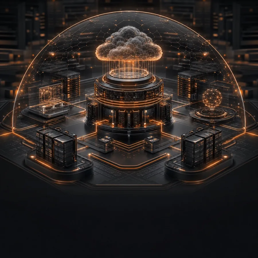 Protected futuristic infrastructure illustrating managed IT and cybersecurity
