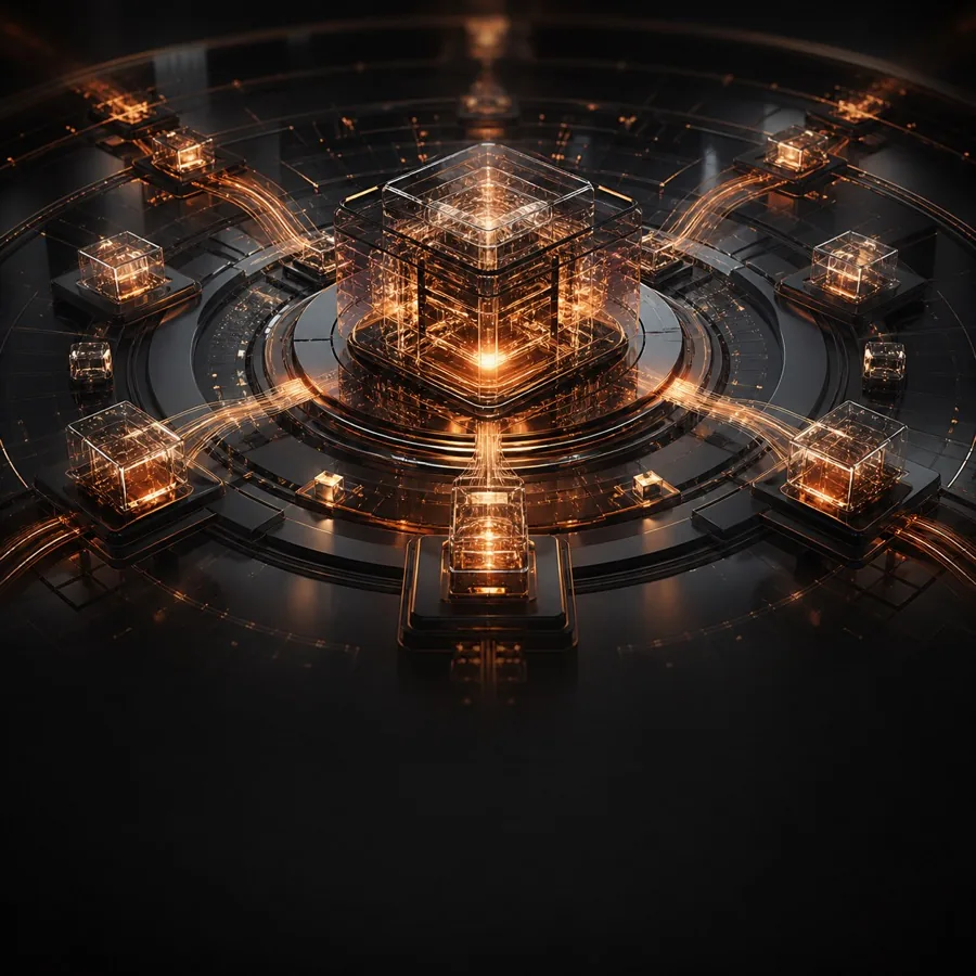 Futuristic data orchestration core illustrating AI and automation