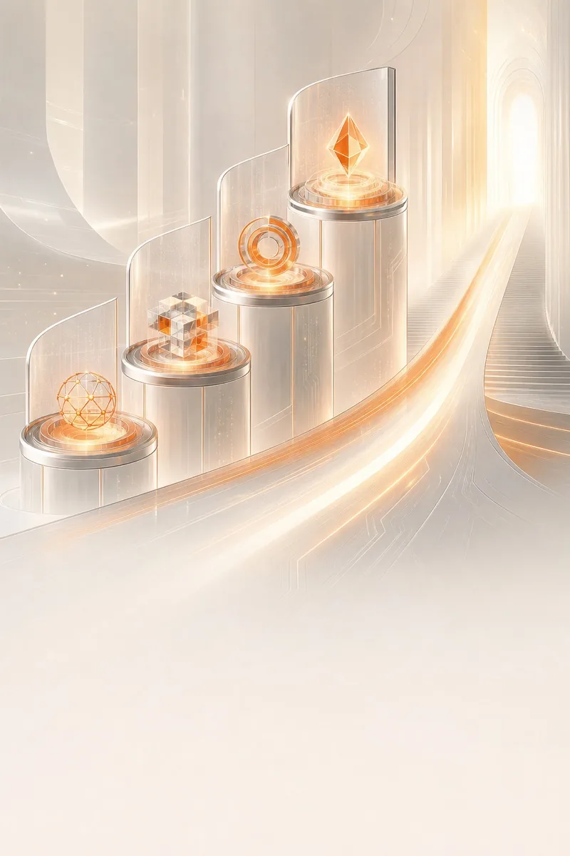 Futuristic ascending decision platforms illustrating actionable priorities